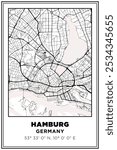 Black and white printable Street map art Hamburg city, germany. Travel poster with coordinates, poster design, Modern Poster Wall Art Home Decor Ready to Printable