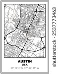 Black and white printable Street map art Austin city, Texas, USA. Travel poster with coordinates, poster design, Modern Poster Wall Art Home Decor Ready to Printable