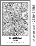 Black and white printable Street map art Shanghai city, China. Travel poster with coordinates, poster design, Modern Poster Wall Art Home Decor Ready to Printable