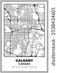 Black and white printable Street map art Calgary city, Canada. Travel poster with coordinates, poster design, Modern Poster Wall Art Home Decor Ready to Printable