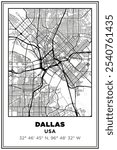 Black and white printable Street map art Dallas city, USA. Travel poster with coordinates, poster design, Modern Poster Wall Art Home Decor Ready to Printable