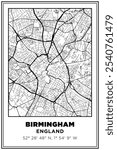 Black and white printable Street map art Birmingham city, England. Travel poster with coordinates, poster design, Modern Poster Wall Art Home Decor Ready to Printable