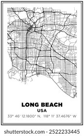 Black and white printable Street map art long beach, USA. Travel poster with coordinates, poster design, Modern Poster Wall Art Home Decor Ready to Printable
