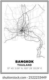 Black and white printable Street map art Bangkok city, Thailand. Travel poster with coordinates, poster design, Modern Poster Wall Art Home Decor Ready to Printable