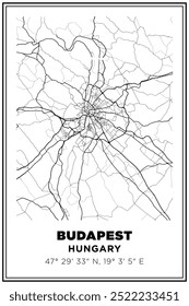 Black and white printable Street map art Budapest city, Hungary. Travel poster with coordinates, poster design, Modern Poster Wall Art Home Decor Ready to Printable