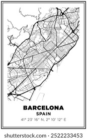 Mapa de rua em preto e branco Arte Barcelona, Espanha. Cartaz de viagem com coordenadas, design de cartaz, Pôster moderno Wall Art Decor Home Pronto para impressão