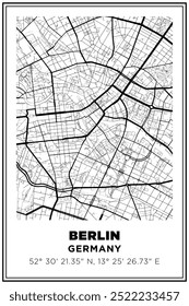 Black and white printable Street map art Berlin city, Germany. Travel poster with coordinates, poster design, Modern Poster Wall Art Home Decor Ready to Printable