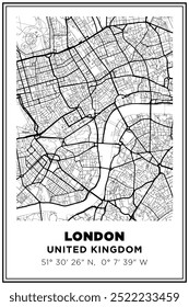 Black and white printable Street map art London city, UK. Travel poster with coordinates, poster design, Modern Poster Wall Art Home Decor Ready to Printable