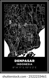 Black and white printable Street map art Denpasar city, Bali island, Indonesia. Travel poster with coordinates, poster design, Modern Poster Wall Art Home Decor Ready to Printable