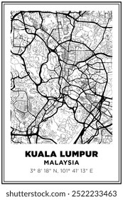 Imprimible en blanco y negro Street map art kuala lumpur city, malasia. Póster de viaje con coordenadas, diseño de póster, arte moderno de la pared del cartel Decoración del hogar listo para imprimir