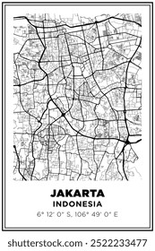 Mapa de ruas de arte impresso em preto e branco Jacarta cidade, Indonesia. Cartaz de viagem com coordenadas, design de cartaz, Pôster moderno Wall Art Decor Home Pronto para impressão