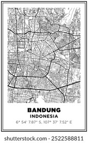Black and white printable Street map art Bandung city, Indonesia. Travel poster with coordinates, poster design, Modern Poster Wall Art Home Decor Ready to Printable