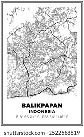 Black and white printable Street map art balikpapan city, Indonesia. Travel poster with coordinates, poster design, Modern Poster Wall Art Home Decor Ready to Printable