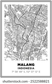 Black and white printable Street map art malang city, Indonesia. Travel poster with coordinates, poster design, Modern Poster Wall Art Home Decor Ready to Printable