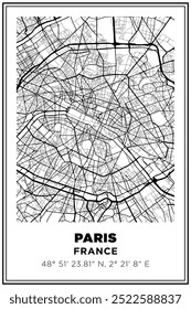 Black and white printable Street map art Paris city, France. Travel poster with coordinates, poster design, Modern Poster Wall Art Home Decor Ready to Printable