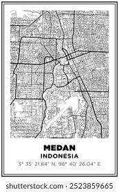 Imprimible en blanco y negro Street map art medan city, Indonesia. Póster de viaje con coordenadas, diseño de póster, arte moderno de la pared del cartel Decoración del hogar listo para imprimir