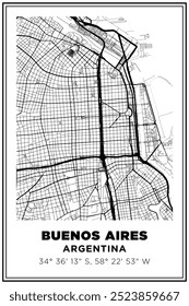 Black and white printable Street map art buenos aires city, argentina. Travel poster with coordinates, poster design, Modern Poster Wall Art Home Decor Ready to Printable