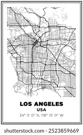 Mapa de ruas de arte de impressão em preto e branco Cidade de Los Angeles, EUA. Cartaz de viagem com coordenadas, design de cartaz, Pôster moderno Wall Art Decor Home Pronto para impressão