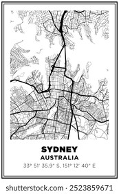 Mapa de rua em preto e branco da cidade de Sydney, austrália. Cartaz de viagem com coordenadas, design de cartaz, Pôster moderno Wall Art Decor Home Pronto para impressão