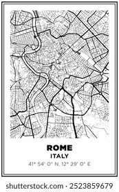 Black and white printable Street map art rome city, Italy. Travel poster with coordinates, poster design, Modern Poster Wall Art Home Decor Ready to Printable