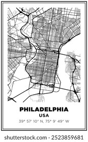 Mapa de ruas de arte impressão preto e branco Filadélfia cidade, EUA. Cartaz de viagem com coordenadas, design de cartaz, Pôster moderno Wall Art Decor Home Pronto para impressão
