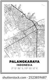 Schwarz-weiß druckbare Straßenkarte Kunst Palangkaraya Stadt, Indonesien. Reiseplakat mit Koordinaten, Plakatdesign, Modernes Plakat Wandkunst Home Decor Ready to Printable