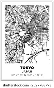 Arte com mapa de rua em preto e branco Cidade de Tóquio, Japão. Cartaz de viagem com coordenadas, design de cartaz, Pôster moderno Wall Art Decor Home Pronto para impressão