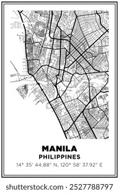 Mapa de ruas de manila cidade, filipinas, preto e branco. Cartaz de viagem com coordenadas, design de cartaz, Pôster moderno Wall Art Decor Home Pronto para impressão