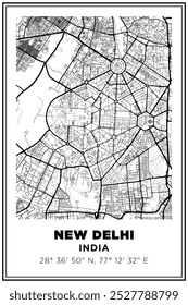 Black and white printable Street map art new delhi city, India. Travel poster with coordinates, poster design, Modern Poster Wall Art Home Decor Ready to Printable