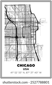 Mapa de ruas de arte chicago cidade, EUA, impresso em preto e branco. Cartaz de viagem com coordenadas, design de cartaz, Pôster moderno Wall Art Decor Home Pronto para impressão