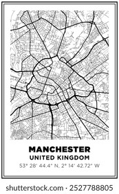 Mapa de rua de arte Manchester City, Reino Unido. Cartaz de viagem com coordenadas, design de cartaz, Pôster moderno Wall Art Decor Home Pronto para impressão