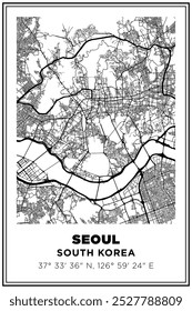 Mapa de ruas de arte de Seul cidade, Coreia do Sul. Cartaz de viagem com coordenadas, design de cartaz, Pôster moderno Wall Art Decor Home Pronto para impressão