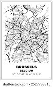 Imprimible en blanco y negro Street map art Ciudad de Bruselas, Bélgica. Póster de viaje con coordenadas, diseño de póster, arte moderno de la pared del cartel Decoración del hogar listo para imprimir