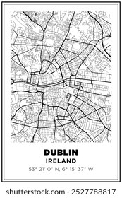 Black and white printable Street map art Dublin city, Ireland. Travel poster with coordinates, poster design, Modern Poster Wall Art Home Decor Ready to Printable