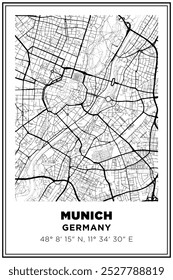 Imprimible en blanco y negro Street map art Munich ciudad, Alemania. Póster de viaje con coordenadas, diseño de póster, arte moderno de la pared del cartel Decoración del hogar listo para imprimir