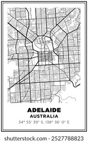 Mapa de ruas de arte impressão em preto e branco Cidade de Adelaide, Austrália. Cartaz de viagem com coordenadas, design de cartaz, Pôster moderno Wall Art Decor Home Pronto para impressão