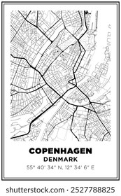 Black and white printable Street map art Copenhagen city, Denmark. Travel poster with coordinates, poster design, Modern Poster Wall Art Home Decor Ready to Printable