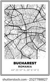 Black and white printable Street map art Bucharest city, Romania. Travel poster with coordinates, poster design, Modern Poster Wall Art Home Decor Ready to Printable