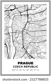 Imprimible en blanco y negro Street map art Praga ciudad, República Checa. Póster de viaje con coordenadas, diseño de póster, arte moderno de la pared del cartel Decoración del hogar listo para imprimir