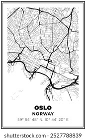 Black and white printable Street map art Oslo city, Norway. Travel poster with coordinates, poster design, Modern Poster Wall Art Home Decor Ready to Printable