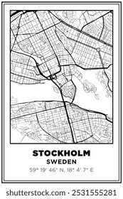 Imprimible en blanco y negro Street map art Ciudad de Estocolmo, Suecia. Póster de viaje con coordenadas, diseño de póster, arte moderno de la pared del cartel Decoración del hogar listo para imprimir