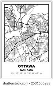 Black and white printable Street map art Ottawa, Ontario, Canada. Travel poster with coordinates, poster design, Modern Poster Wall Art Home Decor Ready to Printable