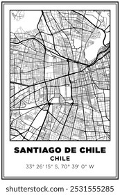 Mapa de rua de Santiago do Chile, Chile, preto e branco. Cartaz de viagem com coordenadas, design de cartaz, Pôster moderno Wall Art Decor Home Pronto para impressão