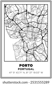 Mapa de ruas de arte Porto City, Portugal impresso em preto e branco. Cartaz de viagem com coordenadas, design de cartaz, Pôster moderno Wall Art Decor Home Pronto para impressão