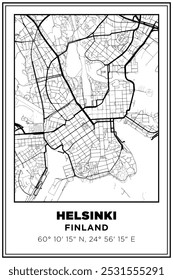 Black and white printable Street map art Helsinki city, Finland. Travel poster with coordinates, poster design, Modern Poster Wall Art Home Decor Ready to Printable