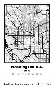 Arte com mapa de rua impresso em preto e branco Washington D.C., EUA. Cartaz de viagem com coordenadas, design de cartaz, Pôster moderno Wall Art Decor Home Pronto para impressão