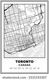 Black and white printable Street map art Toronto city, Canada. Travel poster with coordinates, poster design, Modern Poster Wall Art Home Decor Ready to Printable