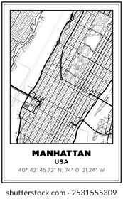Black and white printable Street map art Manhattan, new york, USA. Travel poster with coordinates, poster design, Modern Poster Wall Art Home Decor Ready to Printable