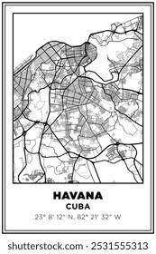 Black and white printable Street map art Havana city, Cuba. Travel poster with coordinates, poster design, Modern Poster Wall Art Home Decor Ready to Printable