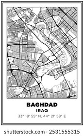 Black and white printable Street map art Baghdad city, Iraq. Travel poster with coordinates, poster design, Modern Poster Wall Art Home Decor Ready to Printable